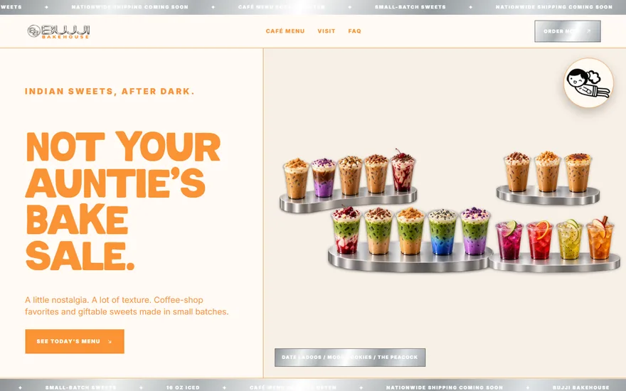 Bujji Bakehouse home page: iced lattes, matcha and refreshers on steel trays beside the line Not your auntie's bake sale